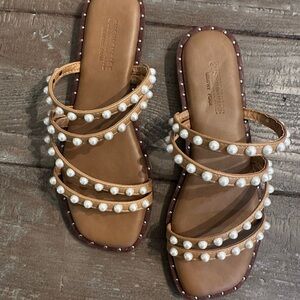 Catherine Malandrino Tan Sandals with Pearl Details